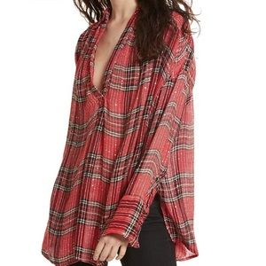 Free People “red rouge” plaid sequined shirt